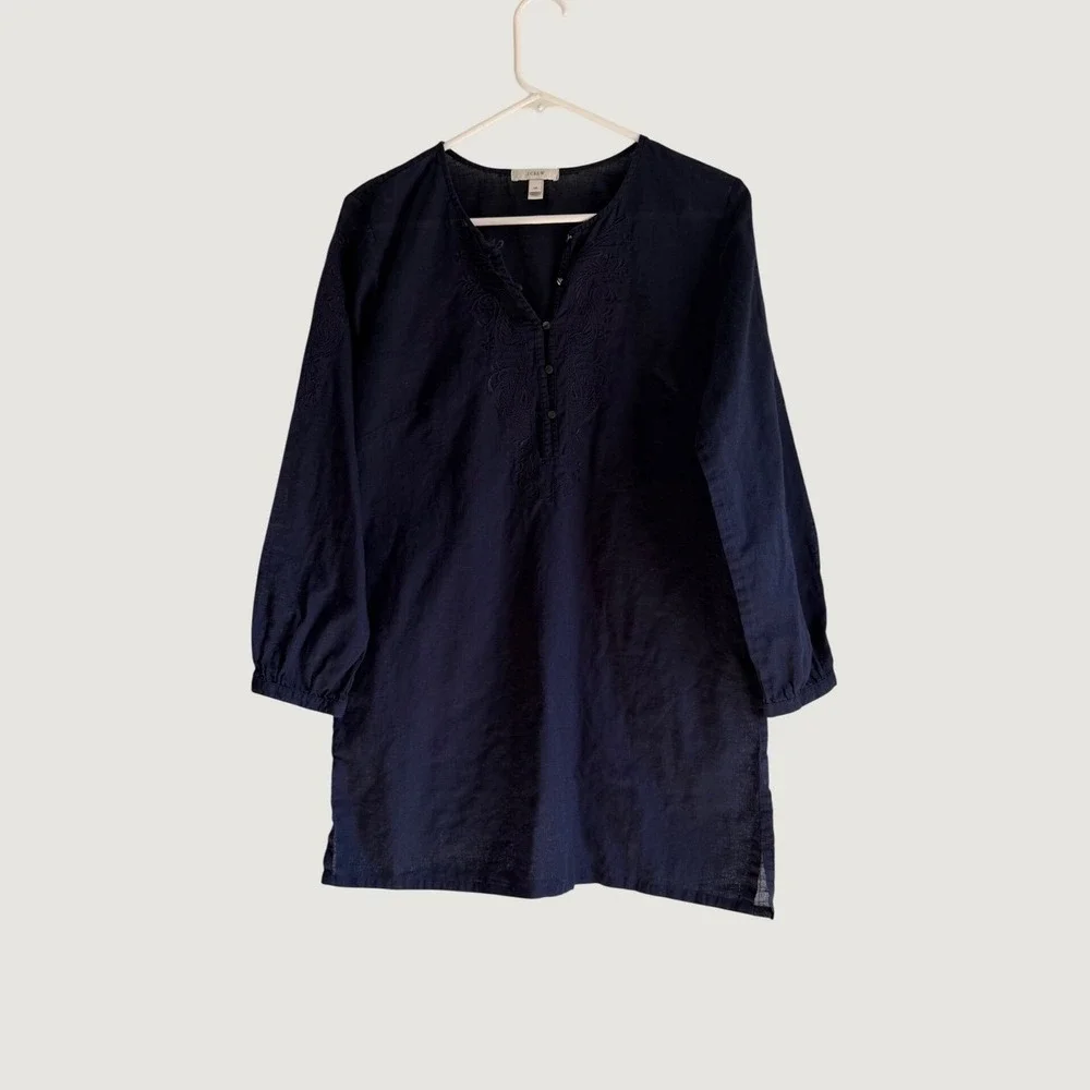 J.Crew Navy Blue Embroidered Cotton Linen Tunic Top Swim Cover Up Womens XS Read